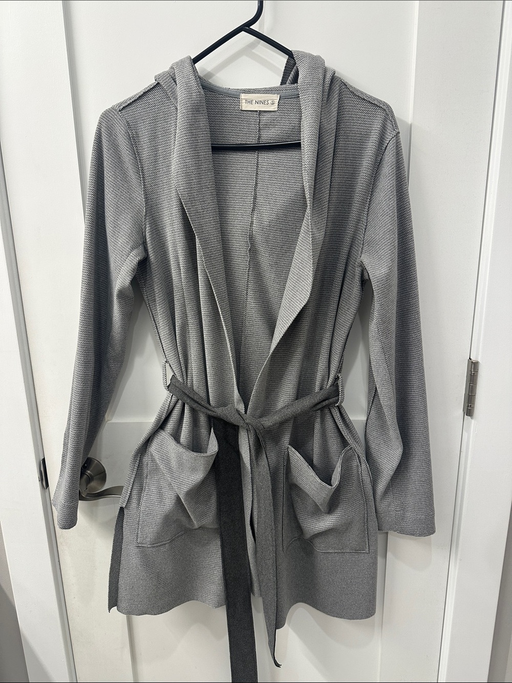 The Nines Gray Hooded Knit Cardigan with Tie Waist
